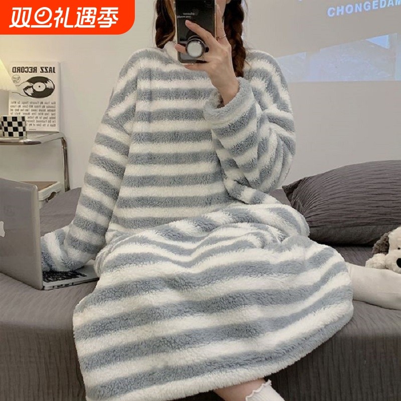 长袖睡裙女冬天珊瑚绒秋冬法兰绒睡衣女简约条纹可外穿保暖家居服