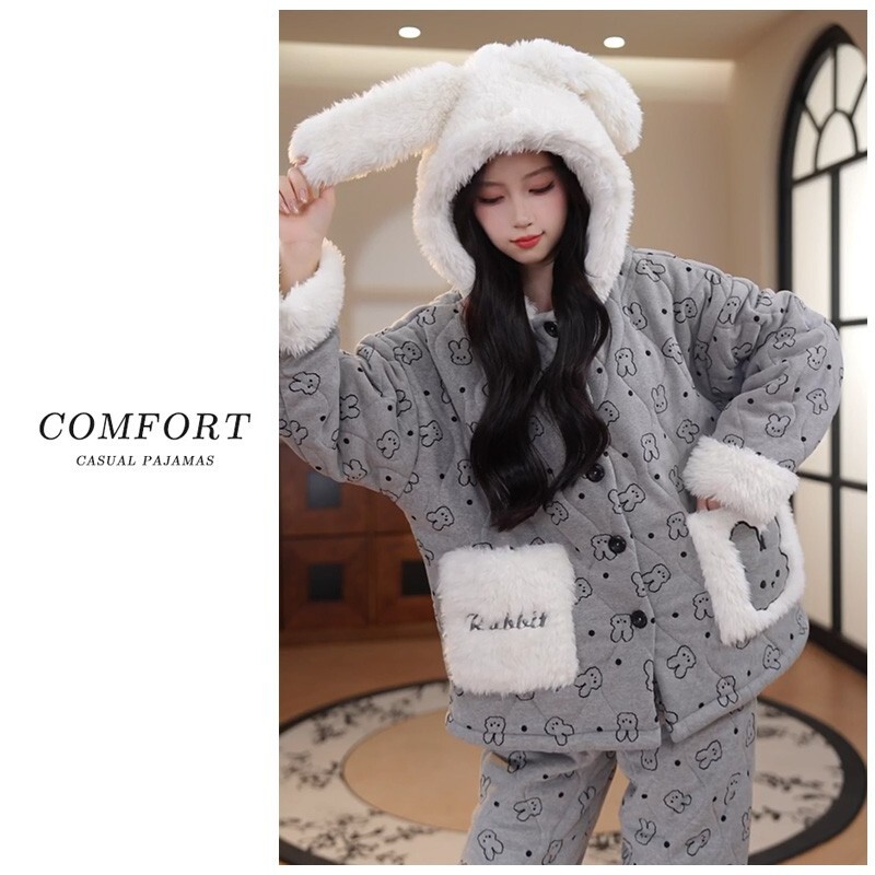 珊瑚绒睡衣女款冬季加厚加绒三层夹棉2026可爱女生家居服居家出门