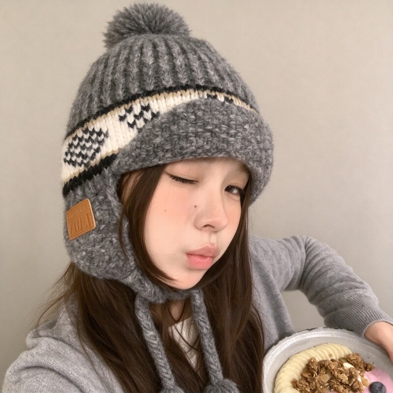 费尔岛风毛线帽女冬季加厚保暖针织帽护耳冷帽大头大脸显脸小帽子