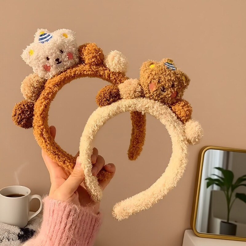咖色小熊毛绒发箍女高颅顶洗脸敷面膜专用毛茸茸毛毛头箍发卡头饰