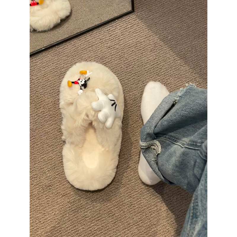 Misscat厚底可爱米奇软底毛毛拖鞋女秋季时尚百搭一字拖黑色毛绒