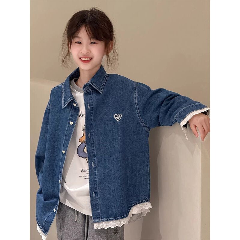 童装儿童百搭衬衫女童蕾丝边牛仔外套春秋季新款韩版宽松大童上衣