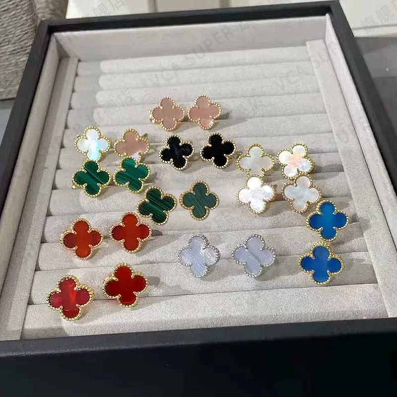 高级感四叶草耳扣纯银镀18k玫瑰金黑玛瑙红玉髓耳环耳钉耳拍贝母