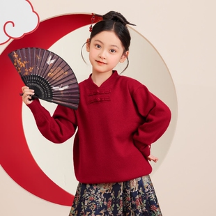 过年女童中国风针织衫秋冬季新年上衣中大童新中式红色毛衣潮洋气