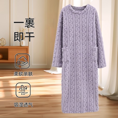 浴裙睡衣女冬季睡裙女秋冬保暖中长款珊瑚绒可爱加厚学生韩版浴衣