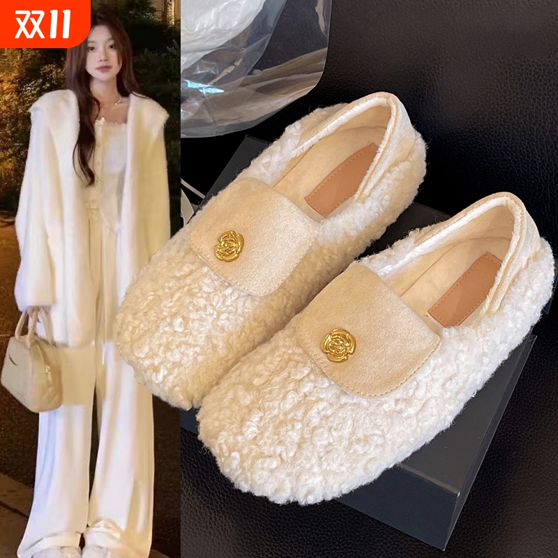 白色法式勃肯毛毛鞋女外穿加绒保暖一脚蹬秋冬季2025新款棉拖鞋子