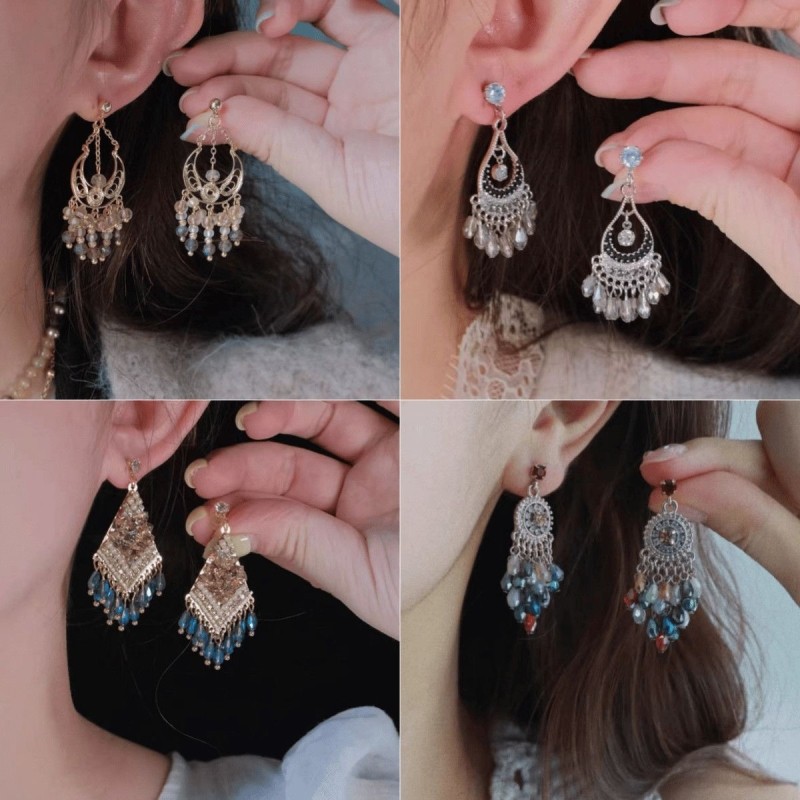 《游牧之歌》波西米亚民族风度假雕花流苏琉璃串珠耳环耳夹女