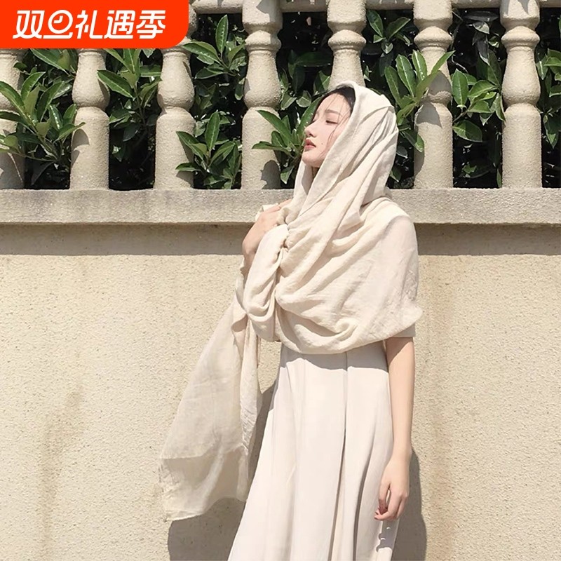 沙漠棉麻埃及敦煌头巾大西北披肩围巾纱巾旅游丝巾黑色冬季纯色