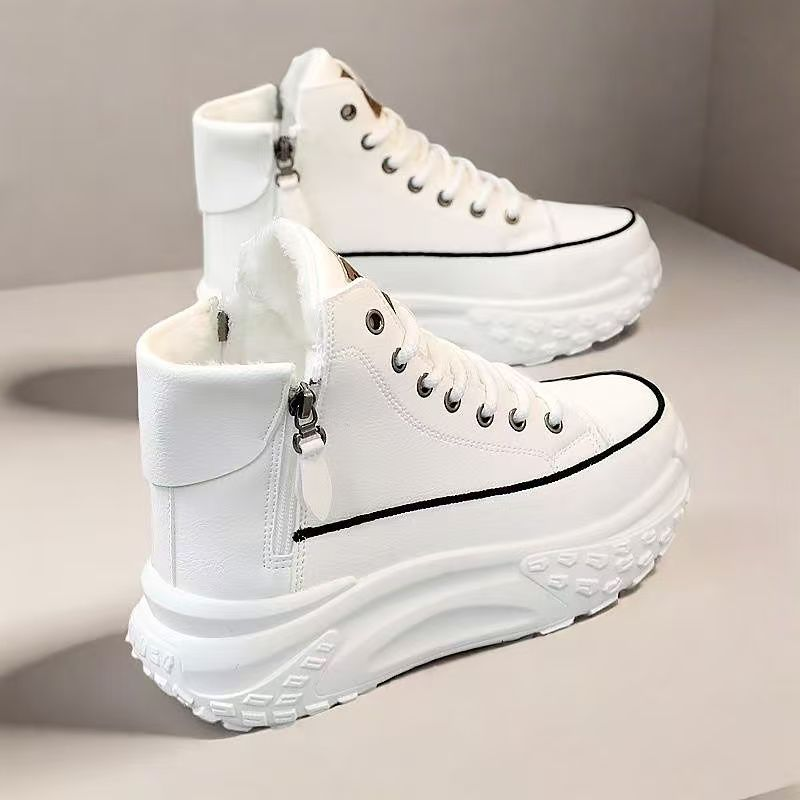 女鞋冬季高帮厚底加绒保暖棉鞋皮面显脚百搭运动老爹鞋大码轻便