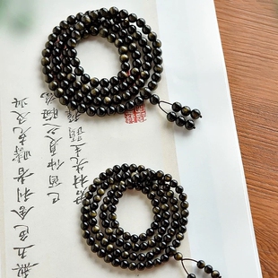 天然黑曜石银曜石三圈108颗叠戴男款 多层手链佛珠男女送礼物 女款