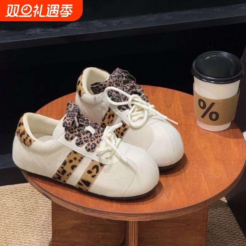 熊宝豹纹丑萌大头德训鞋女2025新款厚底休闲运动百搭复古板鞋平底