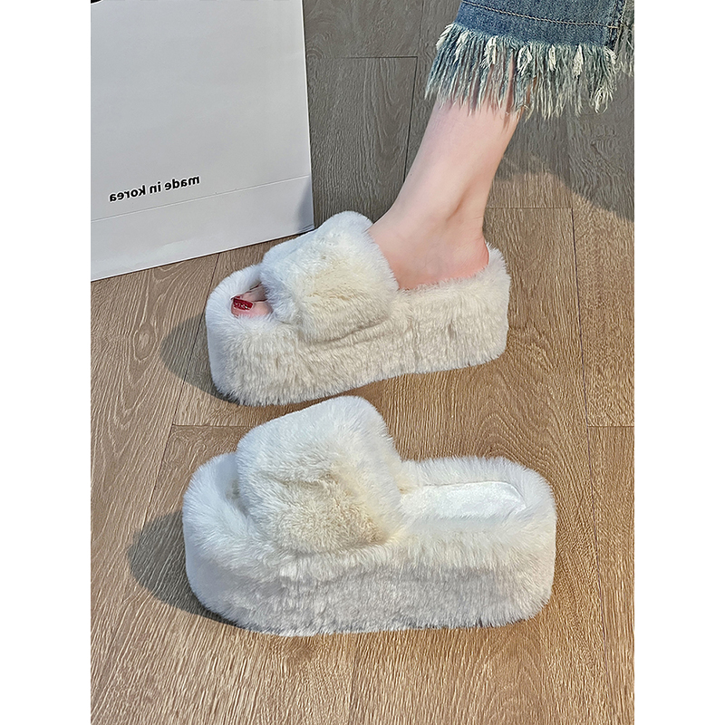 恨天高7cm松糕增高ins毛毛鞋外穿气质棉拖女2025秋冬毛茸茸一字拖