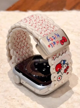 可爱KT插画编织磁吸表带适用苹果手表S11通用iwatchS9华为FIT4Pro腕带applewatchs10s9se女红色手腕粉色金属