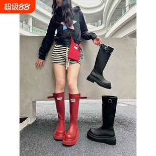 厚底防滑高筒红色雨靴子雨鞋2025户外不过膝长筒靴骑士靴黑色圆头