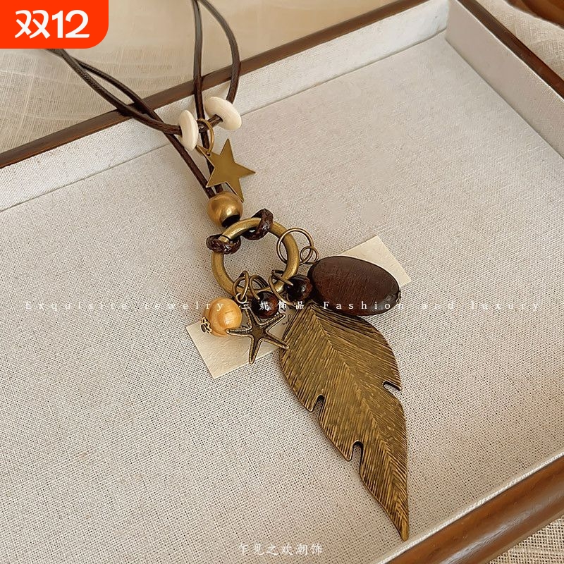 新中式禅意古铜羽毛项链女波西米亚民族风双层叠戴长款毛衣链配饰