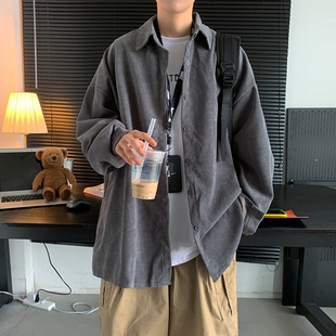 复古钓月郎灯芯绒衬衫男日系cityboy长袖衬衣春秋季薄款外套上衣