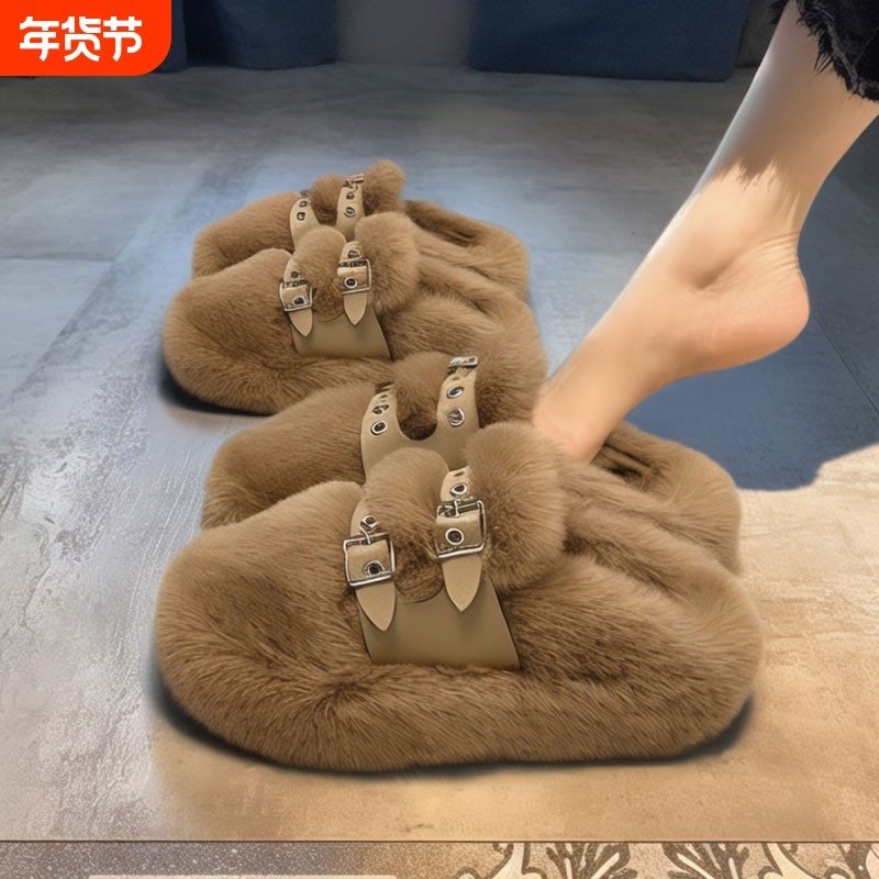 【兔毛绒】厚底毛毛拖鞋女2025新款秋冬加绒保暖舒适软底孕妇棉拖,女鞋,毛毛鞋,淘宝优惠券,粉丝福利购,淘宝优惠卷