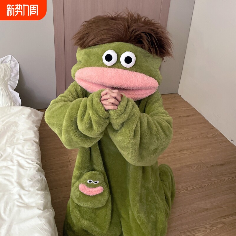 丑萌带大嘴怪睡衣家居服加绒保暖学生党抽象搞怪连体冬季可外穿