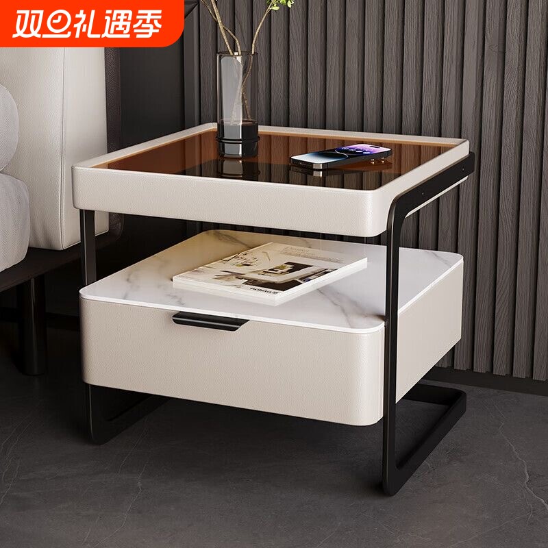 实木床头柜意式极简智能高级感卧室现代指纹锁岩板床边轻奢免安装