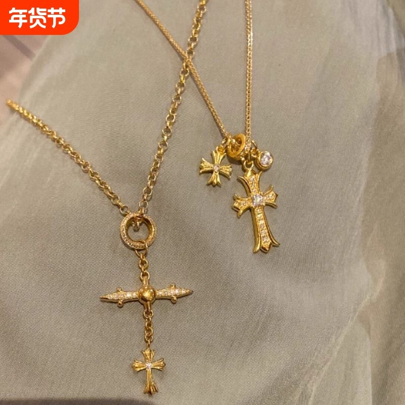 复古细闪十字架吊坠项链女款2025新款高级感轻奢小众毛衣链女配饰