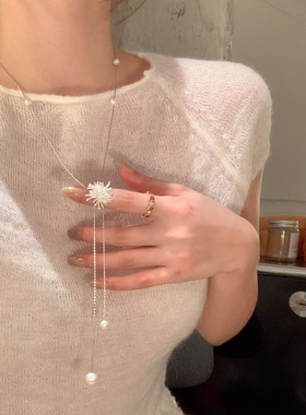 韩系银色烟花珍珠流苏项链女高级感长款可抽拉颈链小众毛衣链配饰