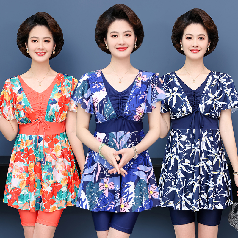 女士泳衣妈妈款加肥大码遮肚显瘦中老年人分体裙式保守游泳衣