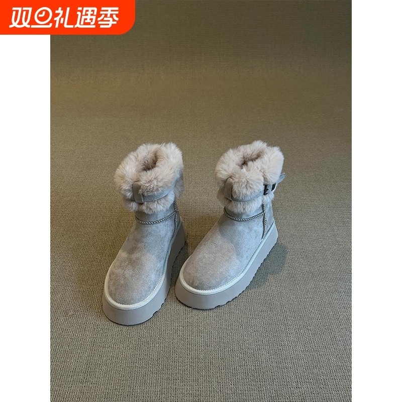 5CM增高厚底雪地靴女复古皮毛一体短靴冬季加绒保暖东北毛毛棉鞋