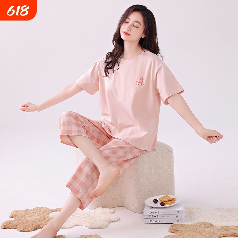 睡衣女款2026新款夏季纯棉女士夏天柔软短袖七分裤粉格家居服套装