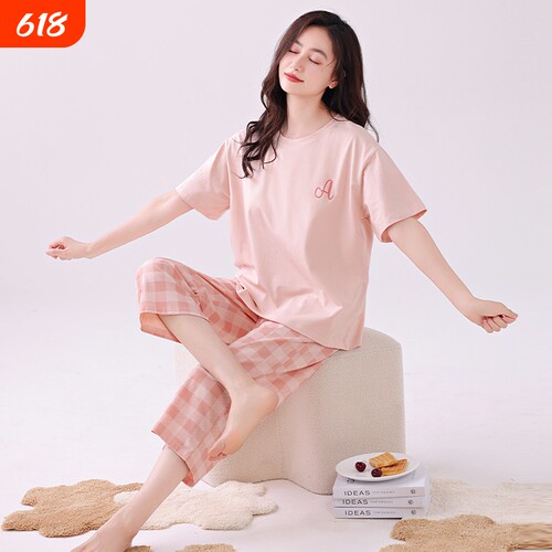 睡衣女款夏季纯棉短袖七分裤粉格