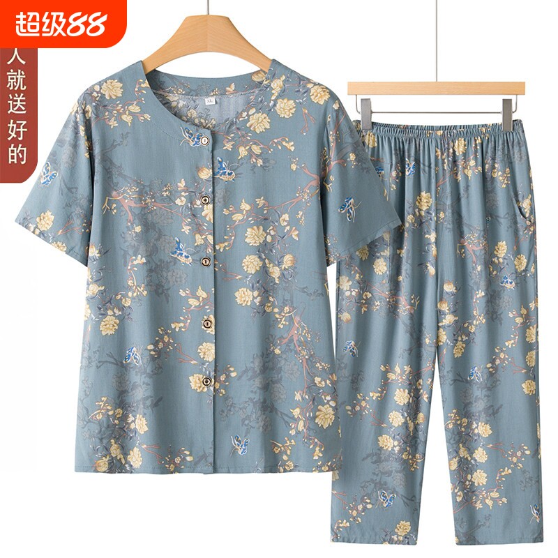 妈妈夏款棉绸开衫居家睡衣两件套图片