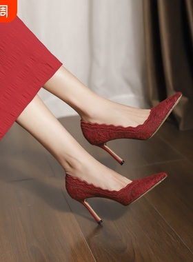 2025年春季新款古典优雅气质红色高跟鞋婚鞋秀禾蕾丝网纱尖头细跟