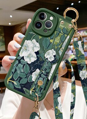 适用苹果16挂绳新款15手机壳iphone14Pro斜挎17可背13腕带xsmax12女8plus硅胶11防摔7保护套11油画Air山茶花