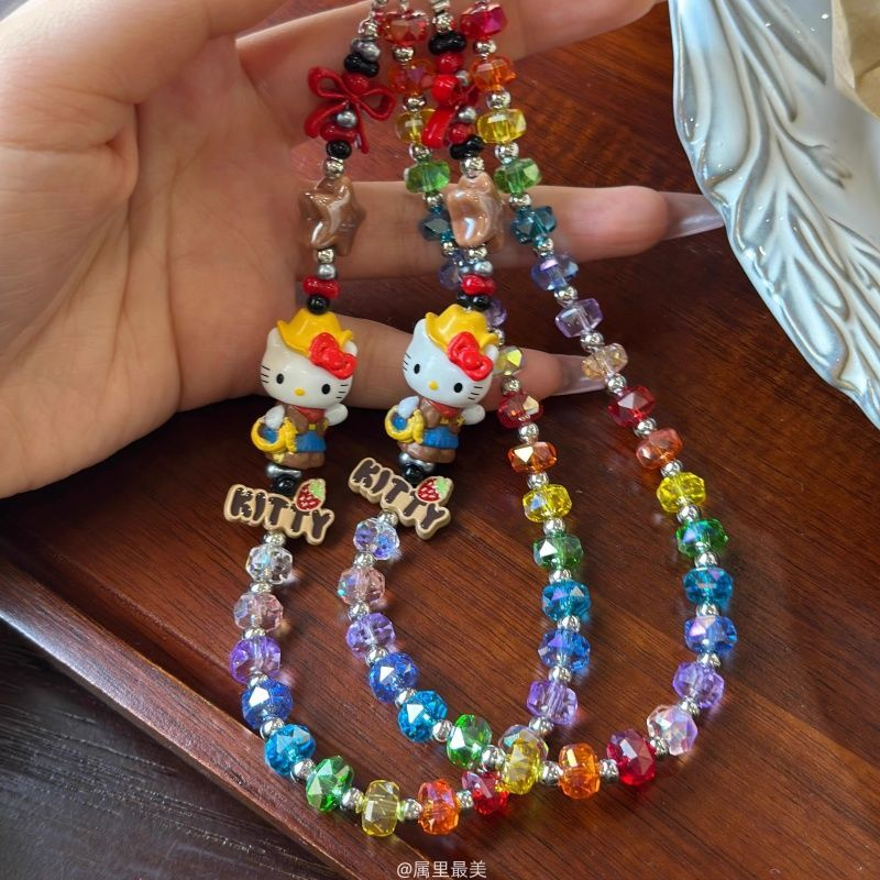 手作彩虹牛仔hellokitty萌粒手机链ccd相机挂件可爱挂件挂饰