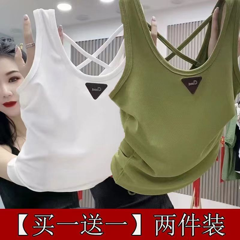 大码背心金属三角标吊带背心修身外穿无袖坑条上衣打底背心百搭A
