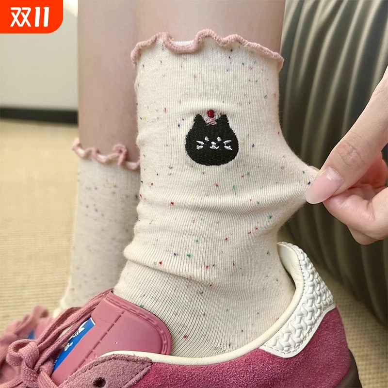 可爱袜子女春秋纯棉100%全棉中筒袜夏季薄款卡通短袜木耳边堆堆袜