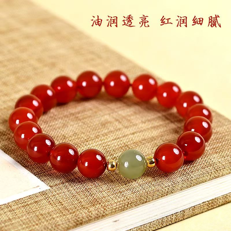 爆款仿红玛瑙和田玉手链女小众精致玉髓玉石水晶珠子散珠手串七夕