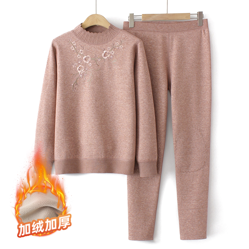 中老年人冬季保暖内衣两件套装老人女款秋冬加绒加厚妈妈刺绣上衣