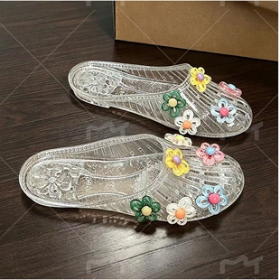 水晶鞋凉鞋女平底透明半拖果冻鞋软底凉拖鞋包头舒适金色耐磨时尚