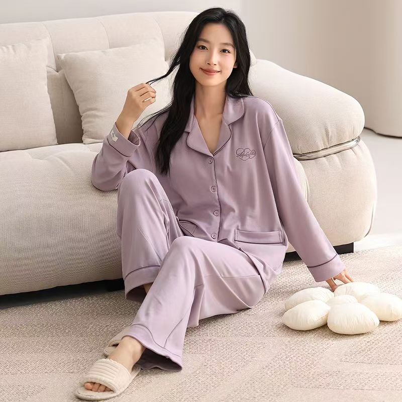 青年带胸垫春秋女睡衣长袖春季休闲家居服秋季纯棉套装开衫薄款