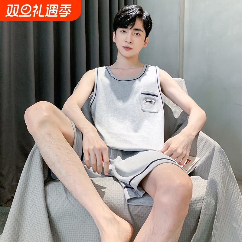 夏季纯棉背心睡衣男宽松休闲两件套装夏天薄款中年男士无袖家居服