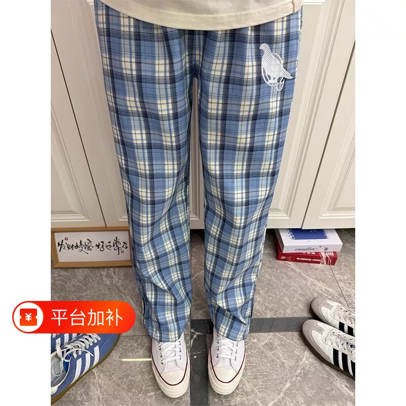 美式街头北卡蓝直筒拉链刺绣长裤男宽松休闲cleanfit阔腿裤格子