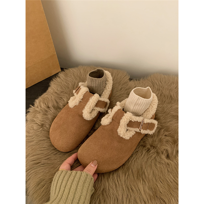 牛皮版！厚底加绒勃肯鞋毛毛鞋女鞋子外穿秋冬保暖棉鞋雪地靴平底