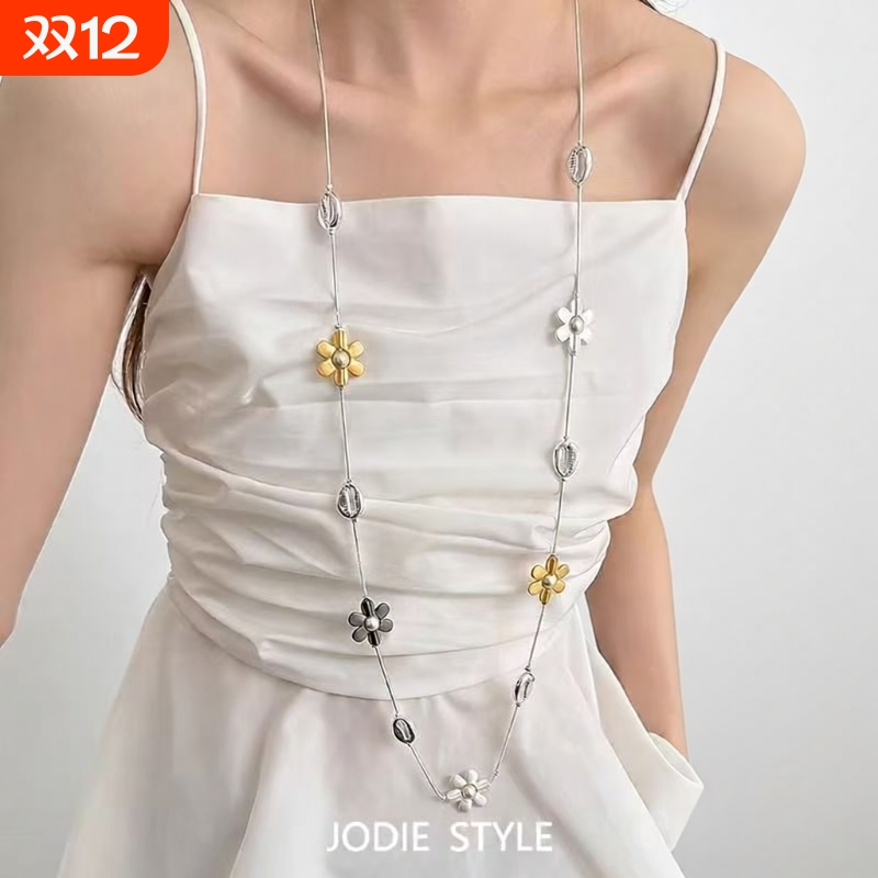 项链撞色时尚时髦金属花朵韩国拼接长款多用精致女设计ins毛衣链