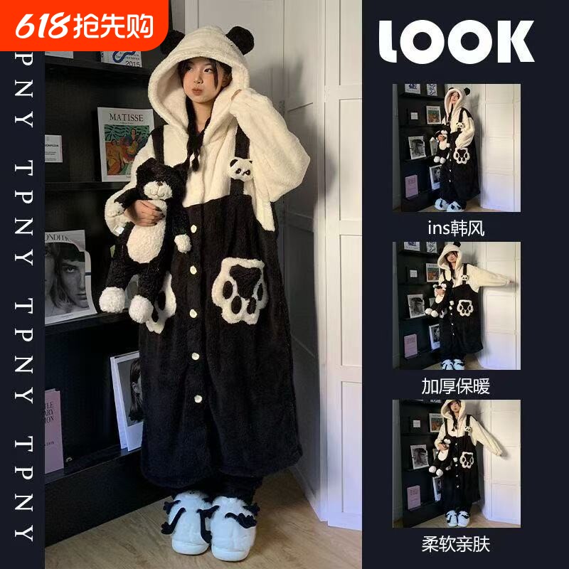 缇可爱熊猫珊瑚绒睡衣女冬款新款加绒加厚毛绒睡袍家居服套装黑色