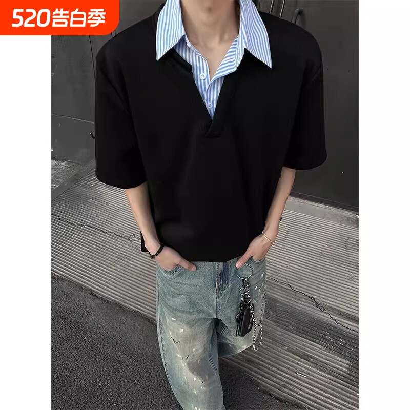 假两件衬衫领短袖男夏季潮牌翻领T恤痞帅潮流宽松半袖休闲polo衫