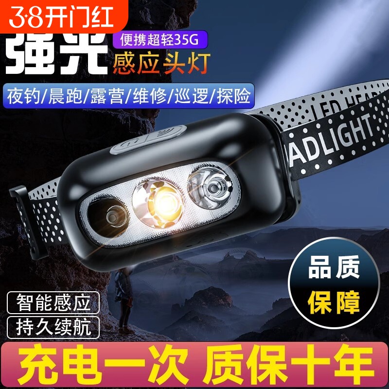 头灯强光充电超亮头戴式钓鱼户外超长续航超轻感应LED夜钓远射