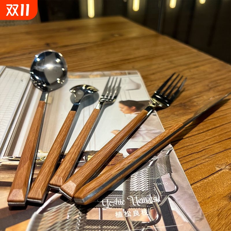 ins款仿木纹细长柄刀叉勺西餐早餐甜品勺韩风餐厅不锈钢水果叉子