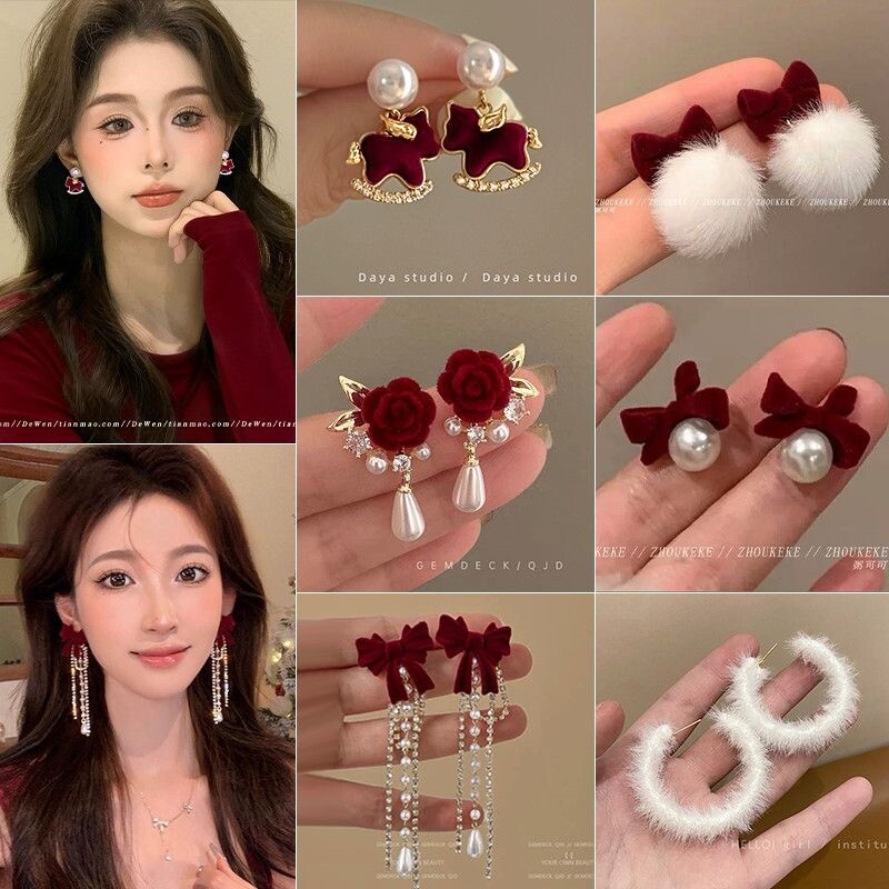 新款珍珠红色小马耳钉耳环秋冬女2025爆款小众独特高级感轻奢耳饰