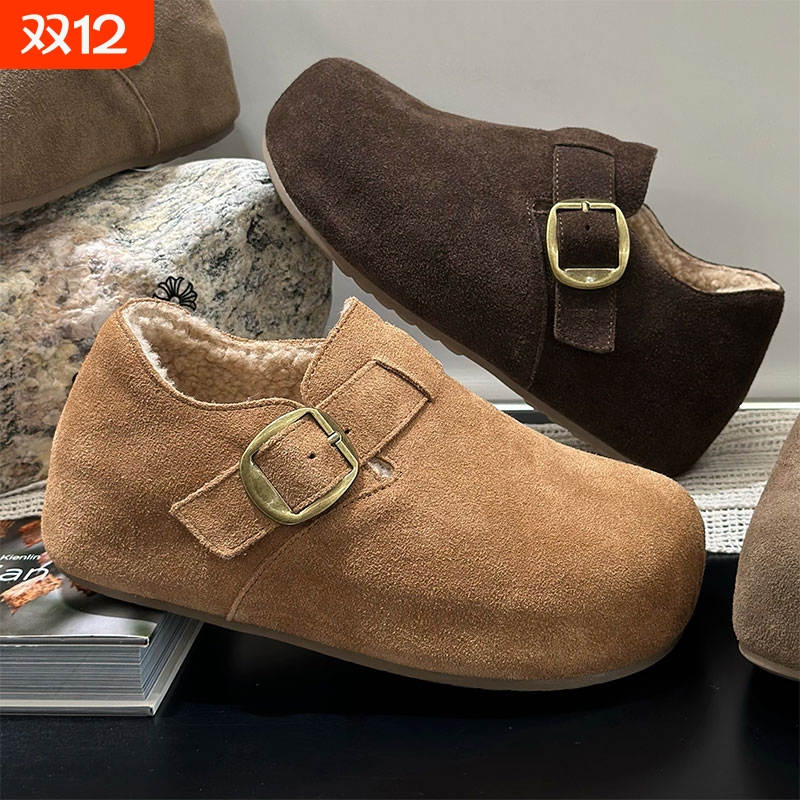 5CM复古磨砂皮加绒勃肯鞋女2025新款透气休闲鞋一脚蹬毛毛棉鞋女