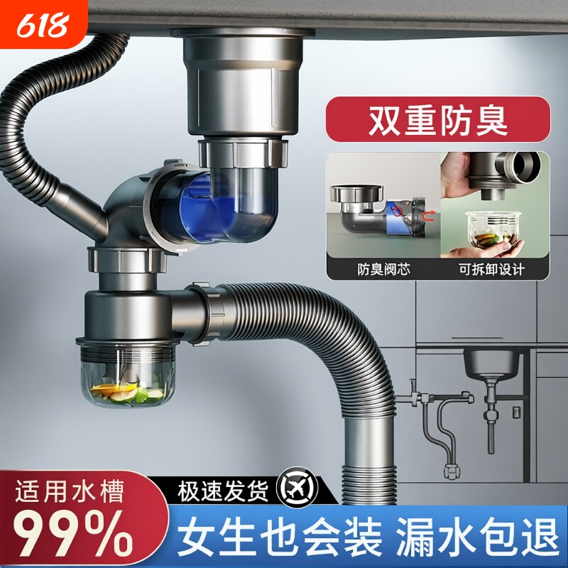 厨房下水管排水管配件洗菜盆单双水槽全套装通用洗碗池防臭下水器